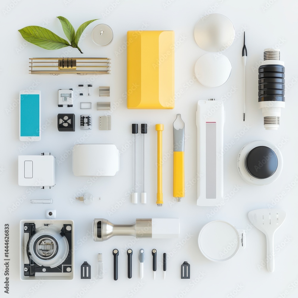 Poster smart grid components flat lay display technology showcase modern design clean environment aesthetic