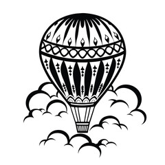Hot Air Balloon in Clouds, Decorative Black and White Design, Hand Drawn Balloon Art