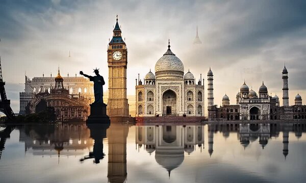 Global Landmarks Reflected: Eiffel Tower, Opera Garnier, Liberty, Big Ben, Taj Mahal