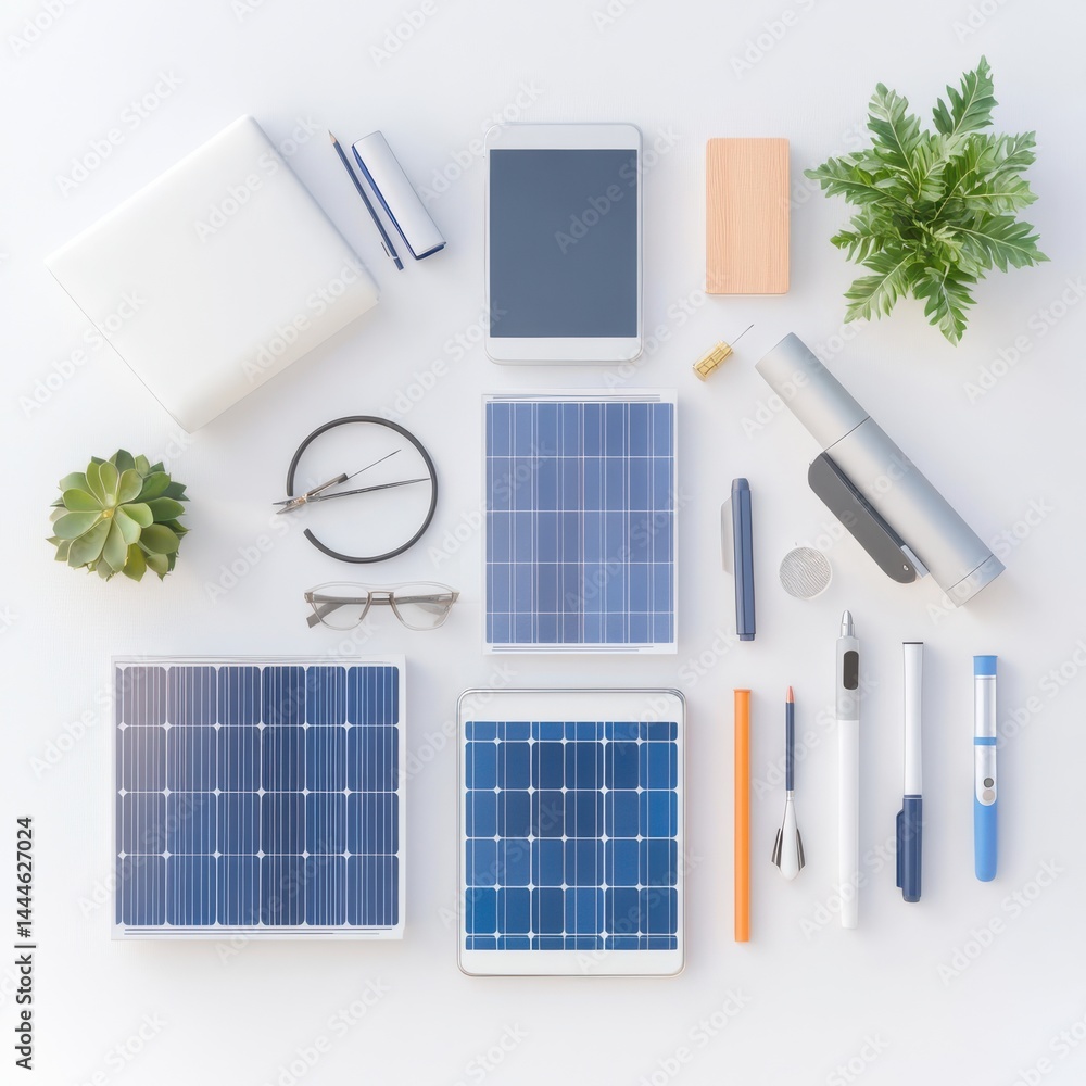 Poster solar panel optimization action flat lay display technology workspace modern environment gigapixel q