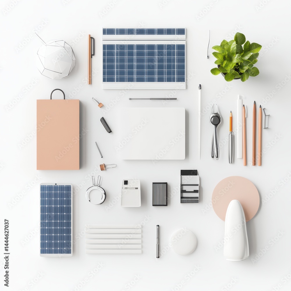 Poster optimizing solar panel performance with ai technology home office flat lay image minimalist environm