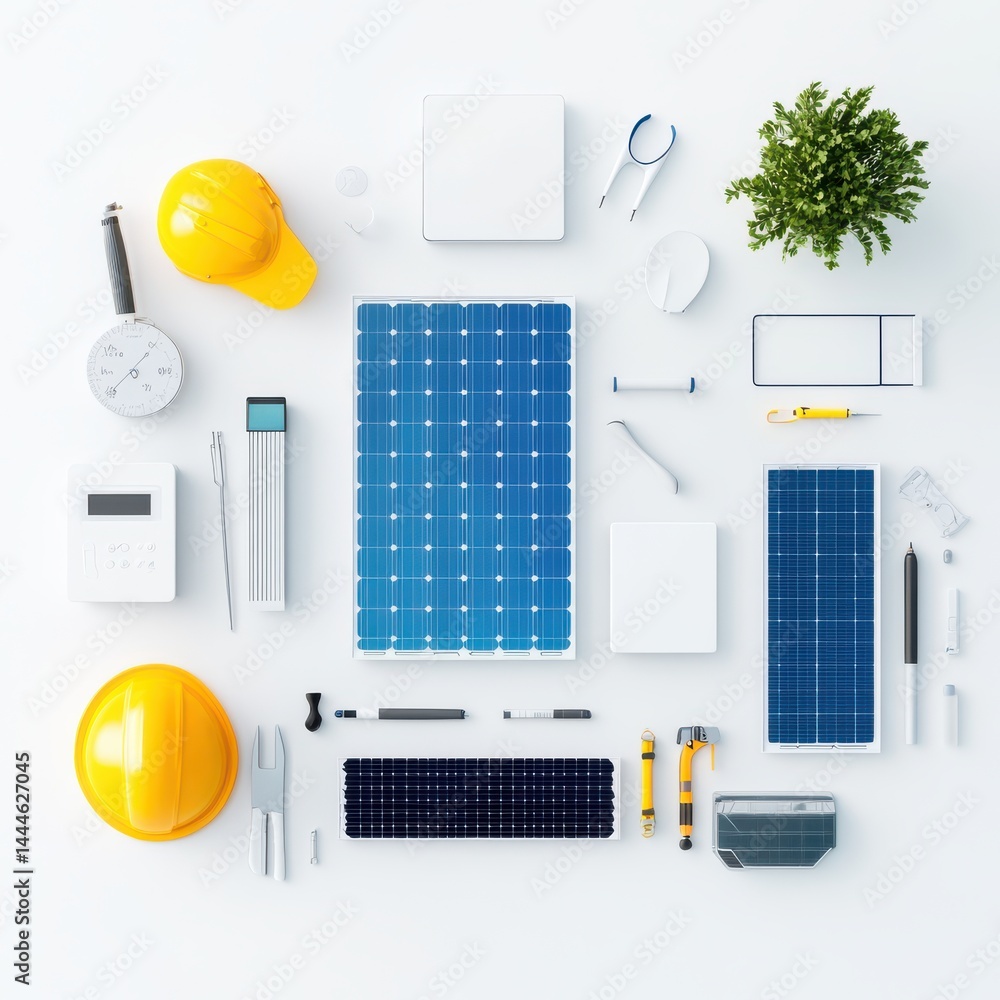 Poster ai-based solar panel optimization flat lay indoor workspace technology showcase minimalist environme