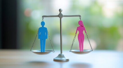 Gender equality concept balanced scales with male and female figures.