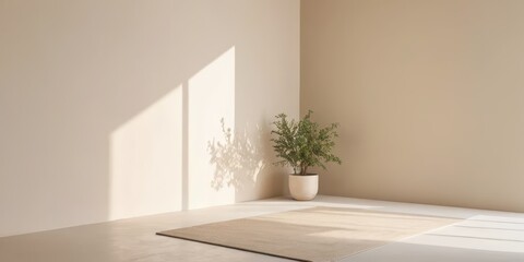 Fototapeta premium A vibrant green potted plant stands gracefully in the corner of a sunlit, empty room, casting soft shadows on the light-colored walls.