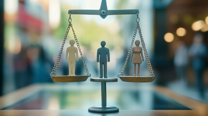 Three figurines on a scale symbolizing equality and balance.