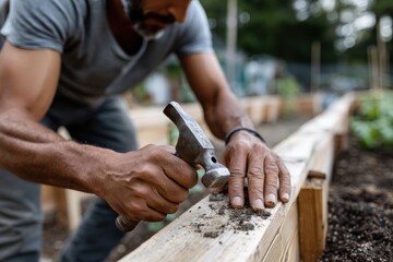 A focused man hammers wooden planks in a flower bed area, emphasizing the beauty of organic gardening and the dedication to nurturing plants in a healthy environment.