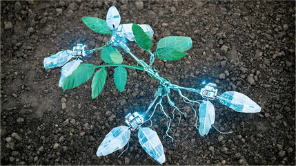 plant with chrome petals and glowing roots emerging from digital soil
