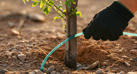 Planting a Young Tree with Water Hose in Soil