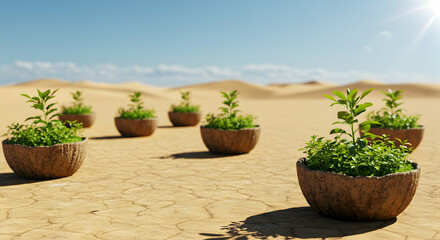 Plants in Desert Landscape against Blue Sky with Sunshine