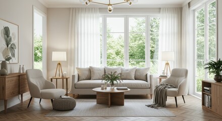 Fototapeta premium A bright living room with a sofa, chairs, a coffee table, and large windows with sheer white curtains