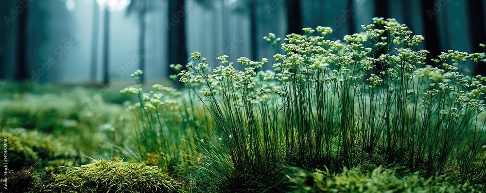 Aufkleber green moss between grass and forest with relax mood concept. lush green plants thrive in a serene fo