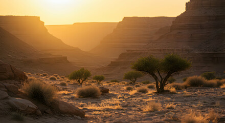 Sunset Over Desert Canyon with Trees and Golden Light