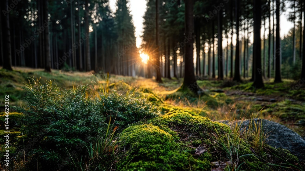 Poster green moss in forest with peaceful relax mood concept. sunlight filtering through serene forest tree