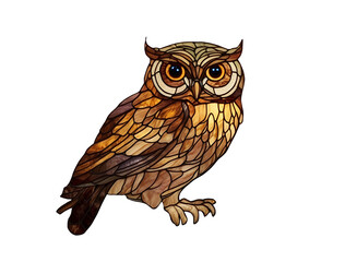 Naklejka premium stained brown yellow golden mosaic glass sitting owl cut out, vibrant tiffany technique artwork of owl isolated on white background
