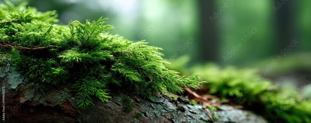 Aufkleber green moss under forest light with peaceful mood concept. vibrant green moss on a log in a serene fo
