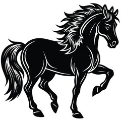 Silhouette of Majestic Horse Trotting, Mane Flowing, Black and White Equine Art