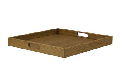 Isolated square wooden tray with handles for serving meals and drinks
