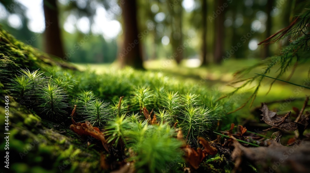 Poster green moss between grass and forest with relax mood concept. lush green moss and sprouts thriving in