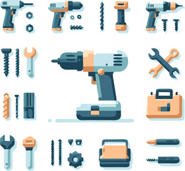 Cordless Drill and Hand Tools Icon Set: Flat Design