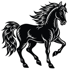 Black Silhouette Horse with Stars, Tree, and Grass in a Circular