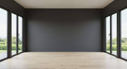 Obraz premium An empty room with gray walls and light wood floors and large windows showing green foliage outside view