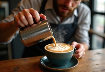 barista pouring intricate latte art rustic wood table capturing perfect craftsmanship coffee culture, milk, foam, espresso, cup, beans, textures, design