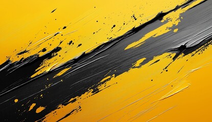Bold black brushstrokes sweep across a yellow background, creating a striking and dramatic textured effect. 