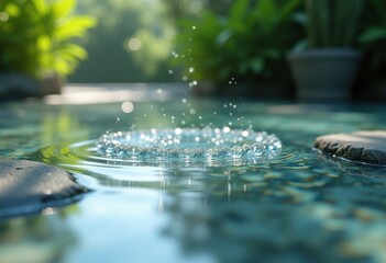 Fototapeta premium crystal clear glass water reflection purity stone table surface natural light droplets, clarity, liquid, texture, aquatic, nature, design, freshness