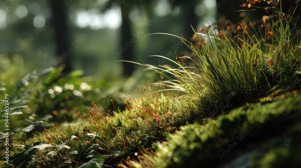 Poster green moss in forest with peaceful relax mood concept. lush greenery with soft sunlight filtering th