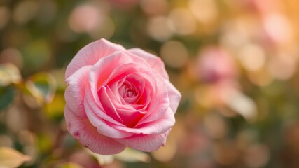 Obraz premium A single delicate pink rose blooms beautifully in a garden bathed in warm sunlight among other blurred roses.