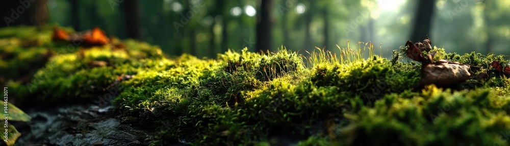 Poster green moss under forest light with peaceful mood concept. a serene forest scene with lush moss and s