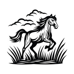 Black Silhouette of Galloping Horse Running Through Grass and Clouds on White Background