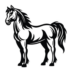 Standing Horse Silhouette, Detailed Black and White Design of Stallion, Isolated Art