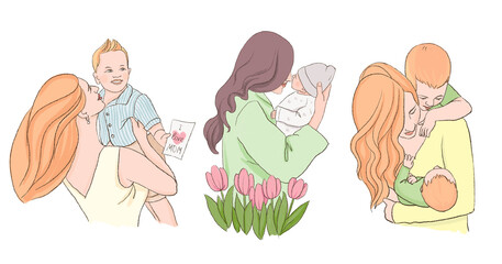 Hand-drawn cute illustration depicting a mother holding her child in her arms. Happy Mother's Day. On a transparent background. Fashion modern illustration.