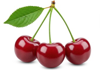 Three cherries with stems and a leaf isolated on a white background in a close up studio shot