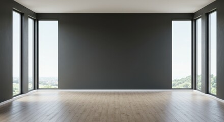 Fototapeta premium A spacious room with dark gray walls and light wood floors featuring large windows on either side of the room