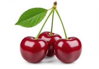 Three dark red cherries with green stems and a leaf on a white background in a close up shot