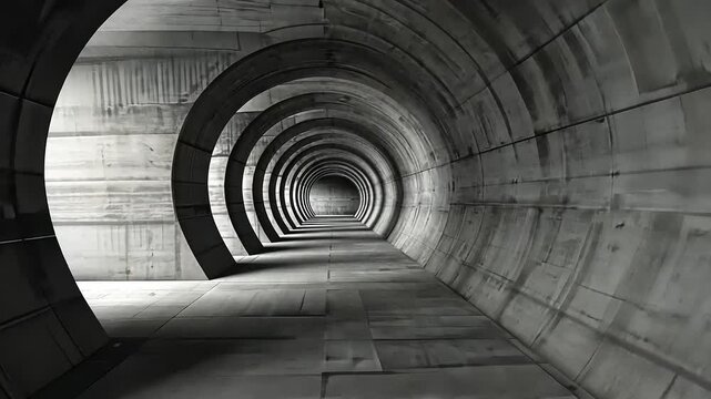 Endless Concrete Tunnel: Architectural marvel of repeating circles and grayscale design.