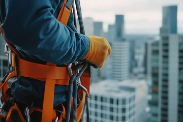 Construction Worker in Safety Harness Overlooking Cityscape