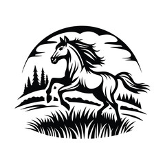 Galloping Stallion Silhouette Wild Horse Running Freely Through Field with Trees, Black and White