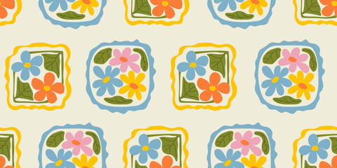 Colorful floral seamless pattern illustration. Vintage style flower frame background design. Geometric natural wallpaper print, spring season nature backdrop texture with flowers.
