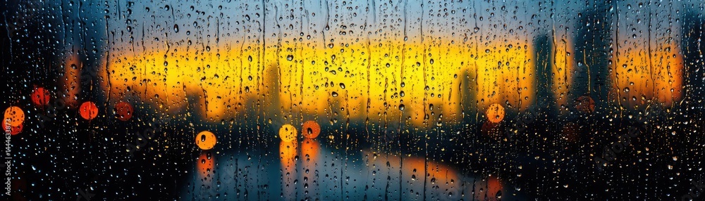 Poster raindrop on a window showing city landscape and emotional texture concept. a blurred city skyline il