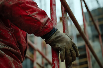 Construction Worker in Red Jacket and Gloves on Scaffolding