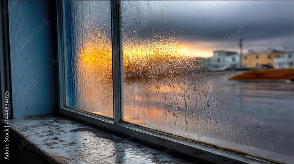 Poster raindrop on a window showing city landscape and emotional texture concept. a misty window view revea