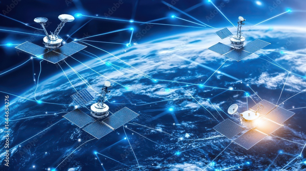 Poster orbital satellite management in hyperrealistic ai context earth digital art space aerial view techno