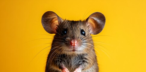 During the day, a little mouse with big ears investigates a shiny, bright surface from the comfort and security of a cozy indoor atmosphere