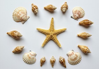 Starfish centered with assorted seashells arranged in a circle on a white surface top down view