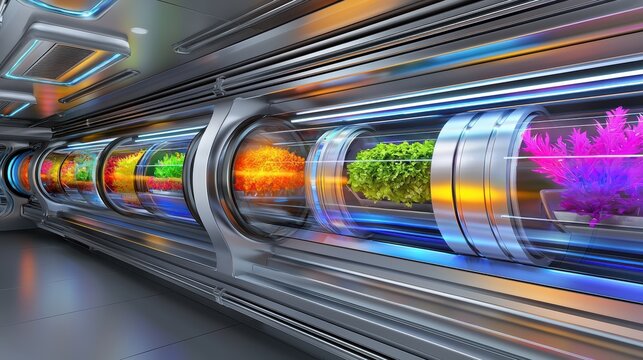 Innovative green robots in hyperrealistic ecolab futuristic lab environment high fidelity technology