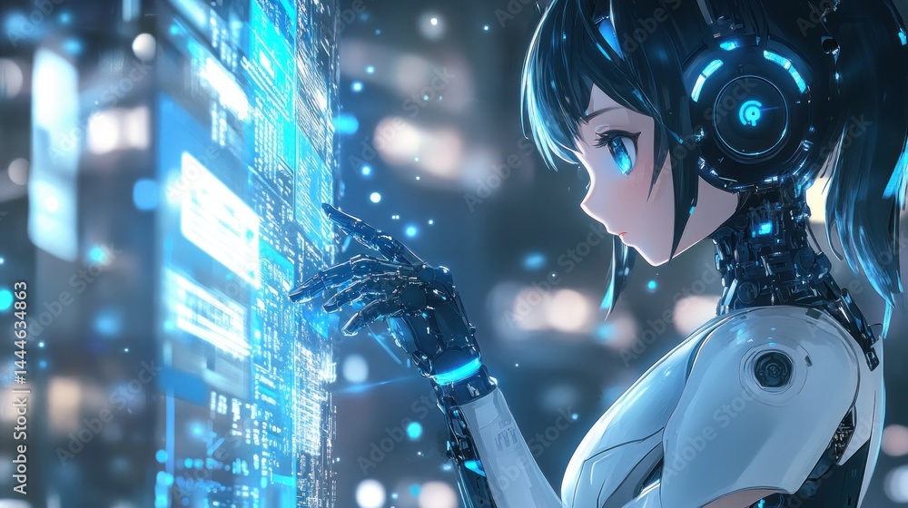 Poster futuristic robot interacts with digital display