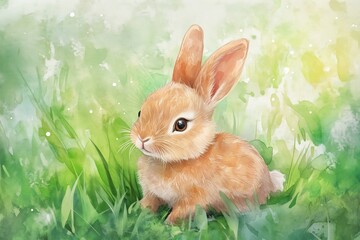 Fototapeta premium Watercolor cartoon cute nursery baby rabbit, vector illustration
